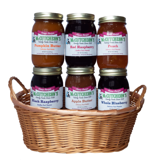 McCutcheon's Pint Basket featuring fruit preserves in Pumpkin Butter, Red Raspberry, Peach, Black Raspberry, Apple Butter, and Whole Blueberry flavors
