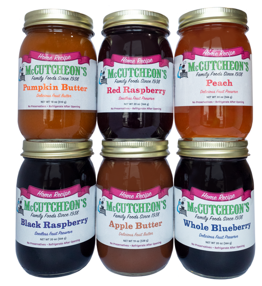 6 jars of McCutcheon's favorite pint sampler including pumpkin butter, red raspberry preserves, peach preserves, black raspberry preserves, apple butter, and whole blueberry preserves