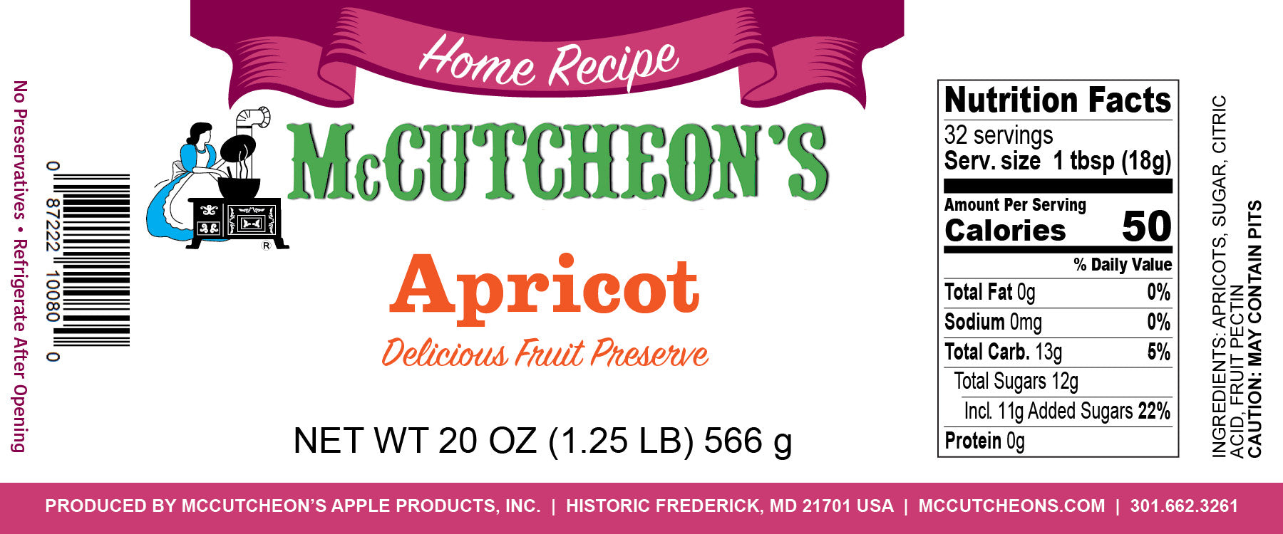 nutritional label for McCutcheon's Apricot Preserves