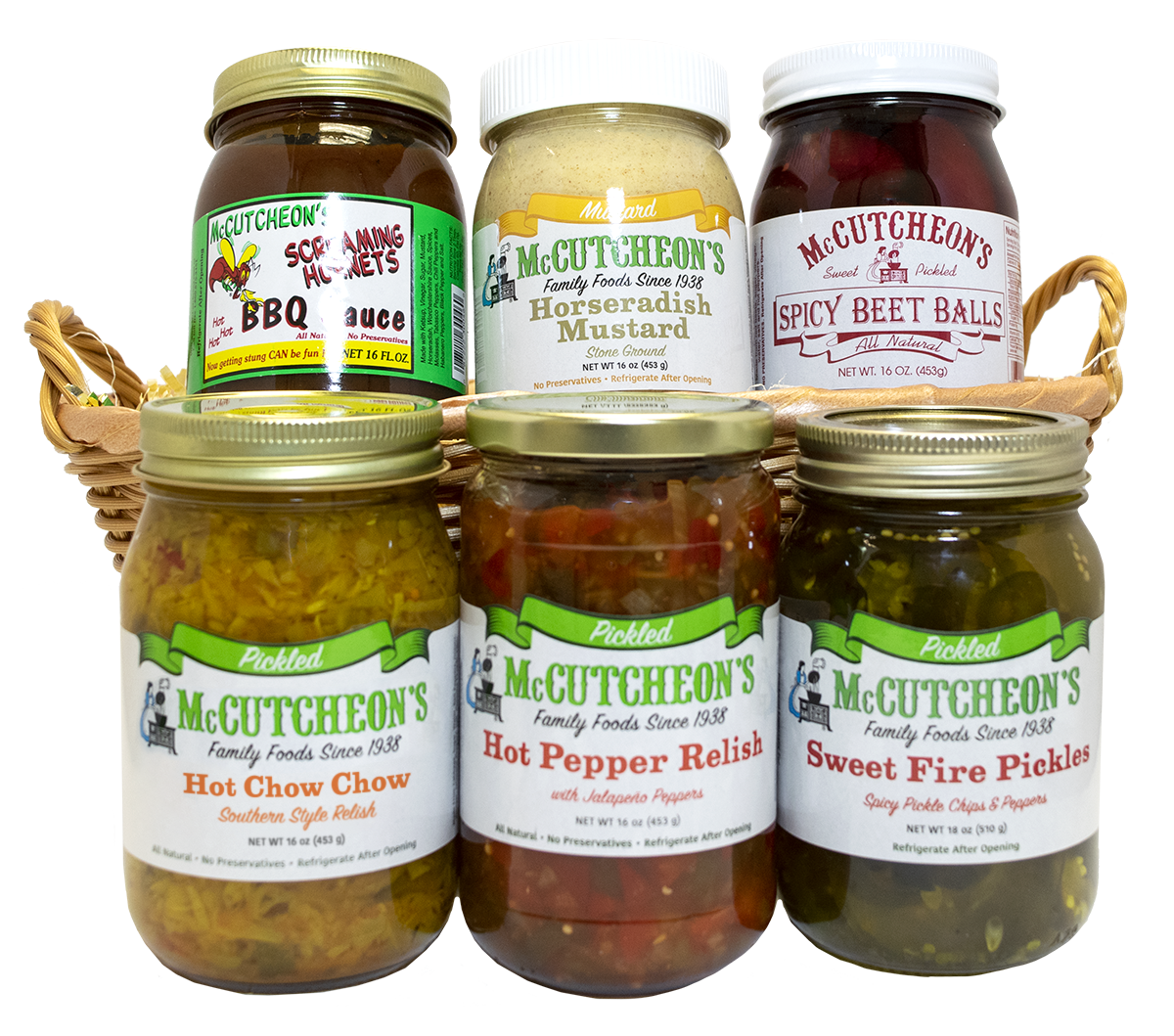 basket of Sweet Fire Pickles, Screaming Hornets Barbeque Sauce, Hot Pepper Relish, Horseradish Mustard, Spicy Beet Balls, and Hot Chow Chow